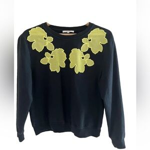 Carven Navy Sweatshirt with Yellow Floral Mesh Appliqué. Size S. EUC